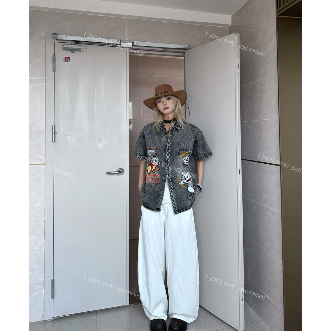美式高街复古童趣卡通刺绣牛仔短袖衬衫男女夏季宽松休闲上衣潮