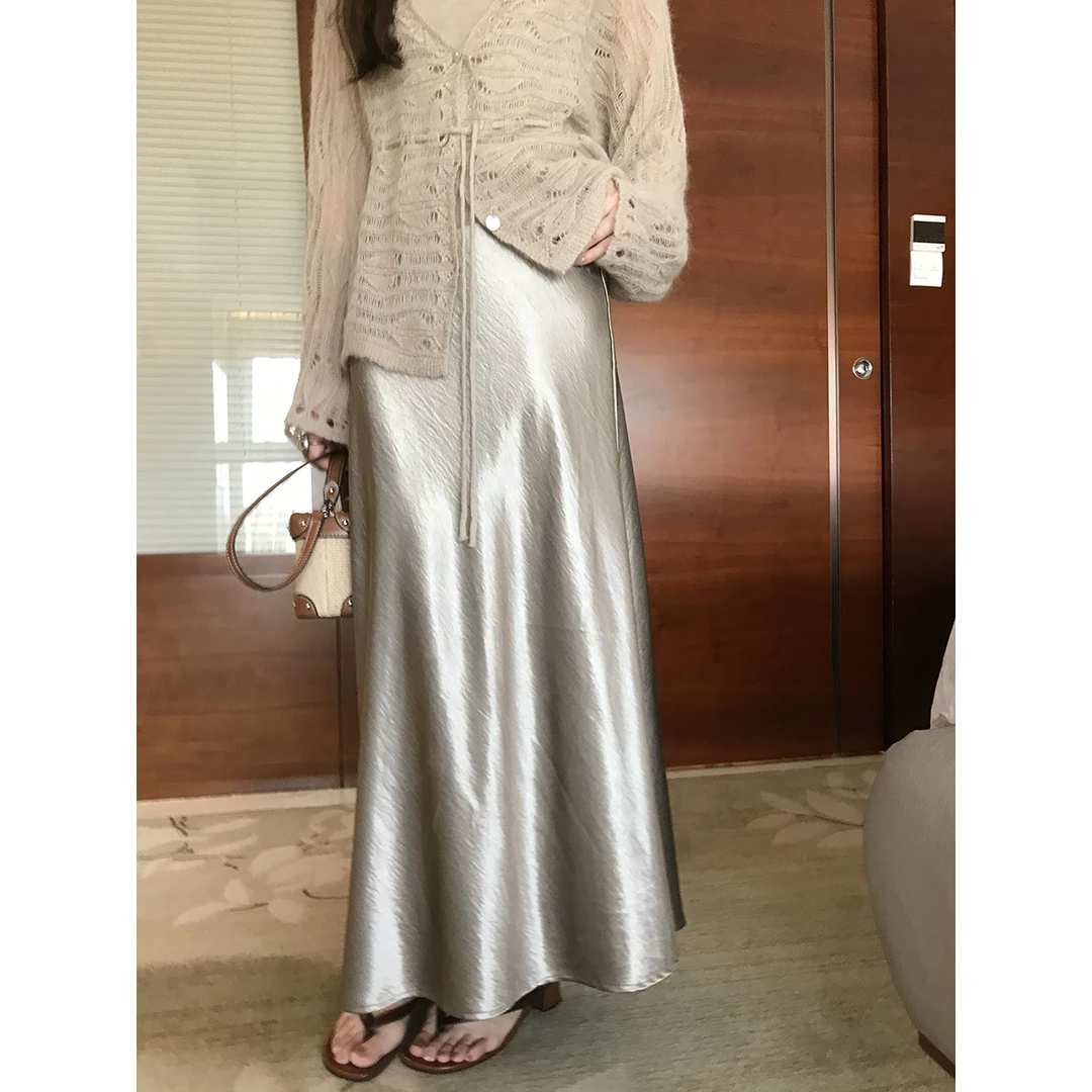 安酒月【鎏金岁月】韩系休闲缎面半身裙女高级光泽感长裙百搭裙子