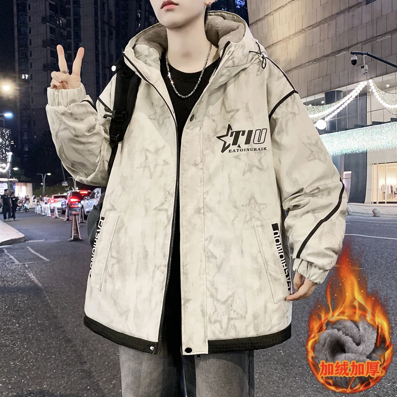 秋冬季新款加绒加厚外套男青少年潮流帅气宽松夹克休闲保暖男上衣