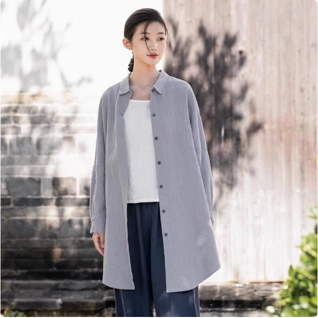 秋冬新款棉麻开衫文艺休闲上衣长袖翻领衬衫衬衣洋气妈妈装高级感