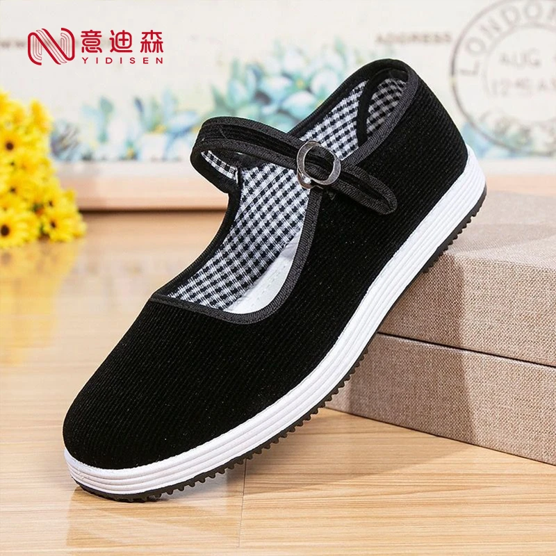 女款平底女中老年舒适透气老北京布鞋软底防滑耐磨条绒轻薄扣带