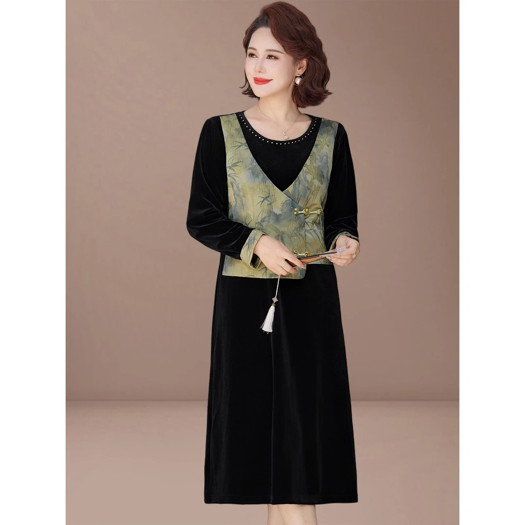 新中式妈妈秋装时尚套装金丝绒连衣裙中老年女2025新款假两件裙子