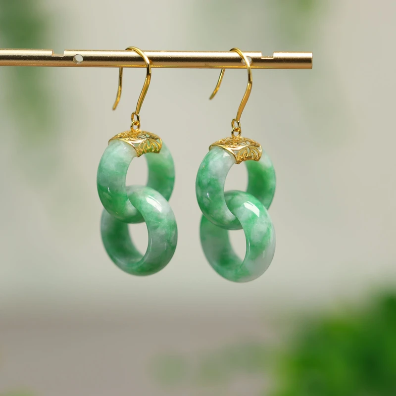 #I207 18K金镶嵌阳绿天然A货翡翠两连环耳环耳坠耳饰耳钩款