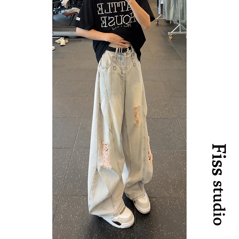 夏季新品原创设计款水洗破洞牛仔裤男美式高街休闲弯刀长裤夏季
