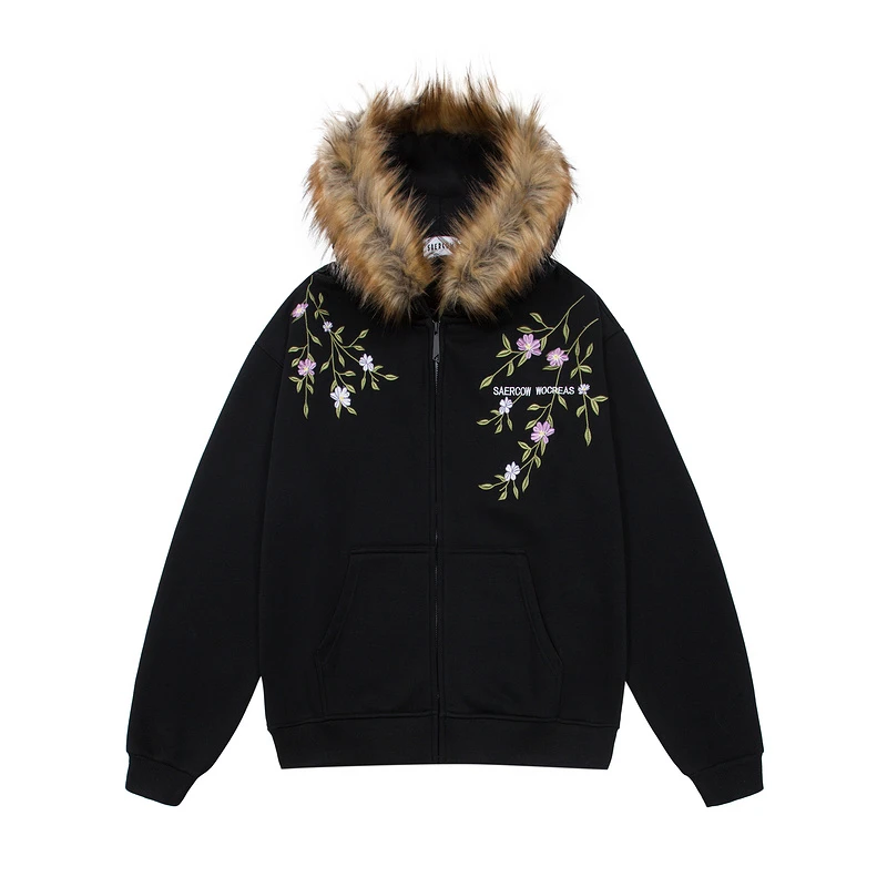 美式街头复古潮流宽松运动休闲毛领座山雕连帽卫衣外套欧美风开衫