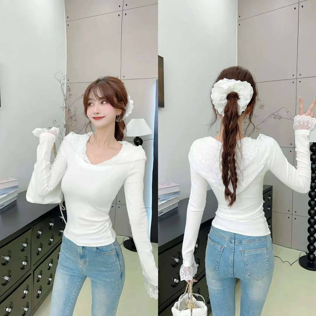 【修女学院】减龄蕾丝拼接连帽修身显瘦内搭上衣#8561