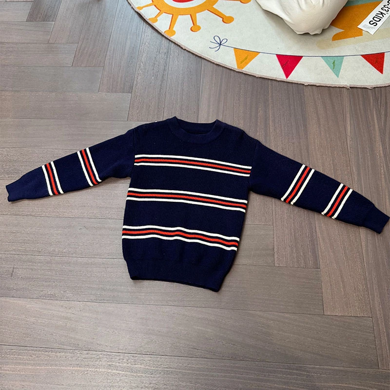 韩版校园风圆领套头男童长袖条纹针织衫毛衣秋冬款