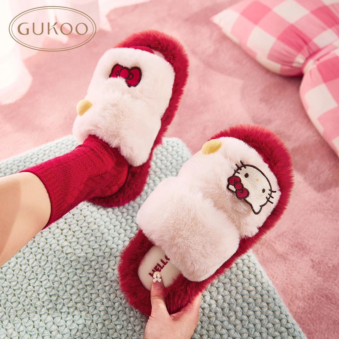 【Gukoo果壳】秋冬毛绒拖鞋女HelloKitty红色系列女士毛绒拖鞋