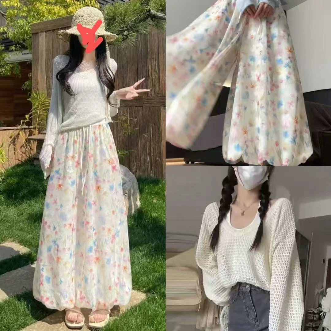 大码彩色花苞裤裙挂脖背心罩衫三件套5078