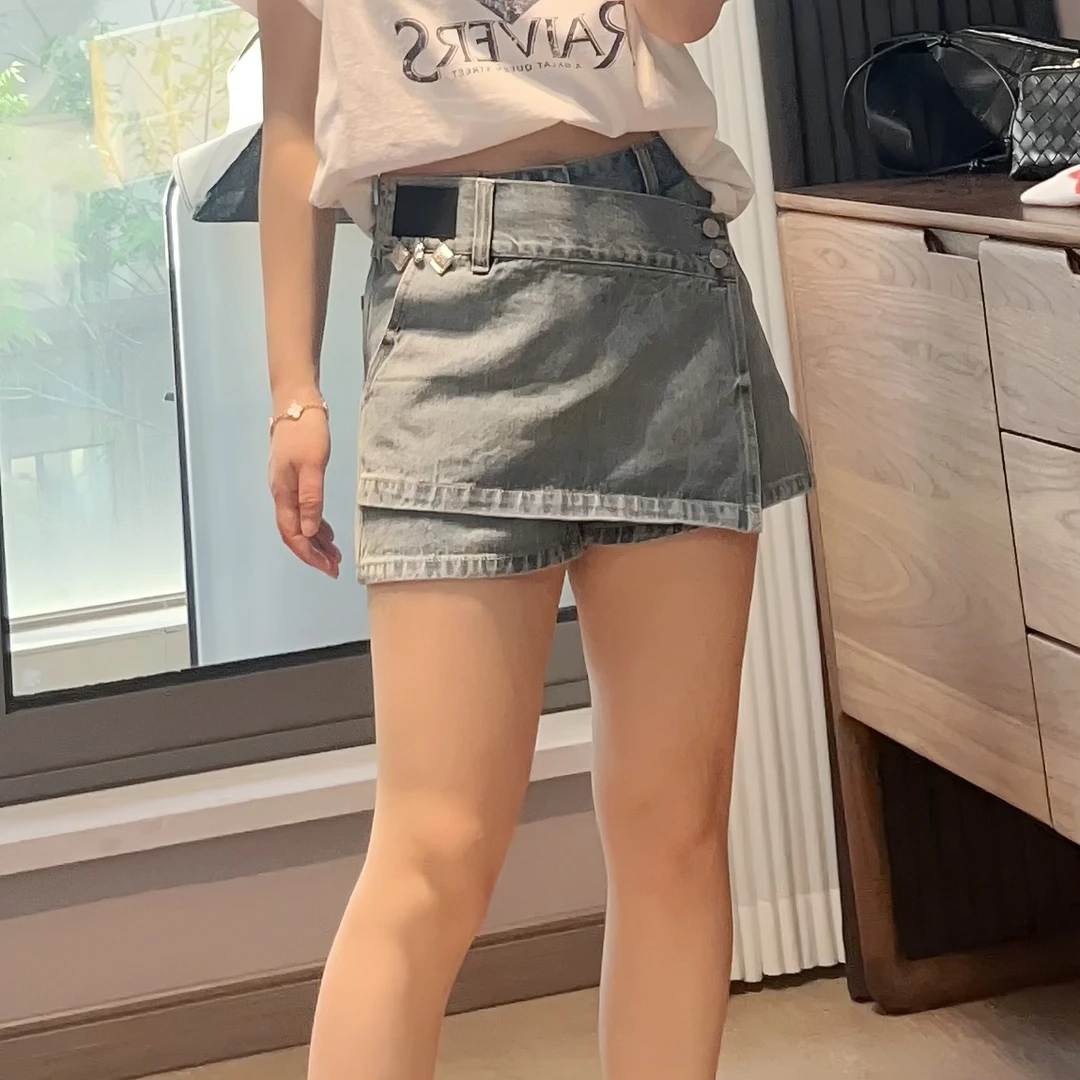 【欧货】夏季新款高腰甜酷假两件牛仔短裤裙裤女