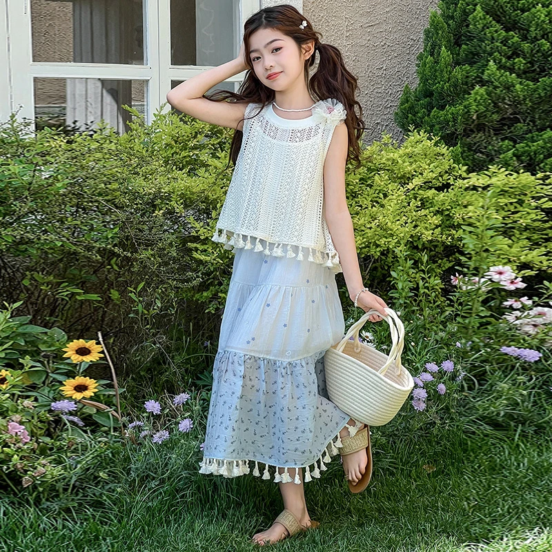 女童夏装套装2025新款洋气儿童装夏季薄款背心上衣拼接摆裙6-15岁
