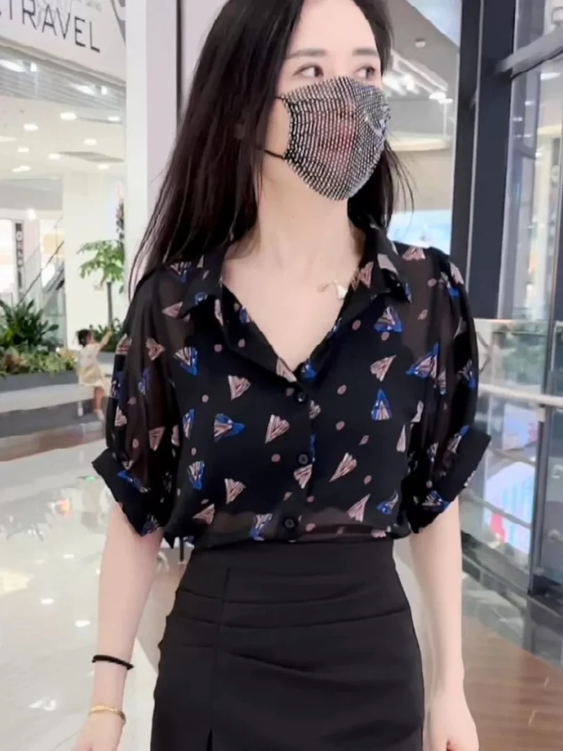 印花雪纺衬衫女夏季2025新款韩版宽松时尚polo领衬衣短袖减龄上衣