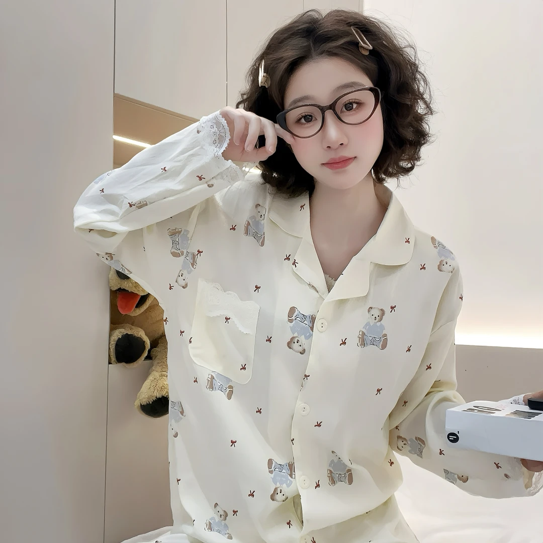 夏季新款韩版卡通白色小熊印花长袖睡衣女士超绝睡衣两件套ZB144