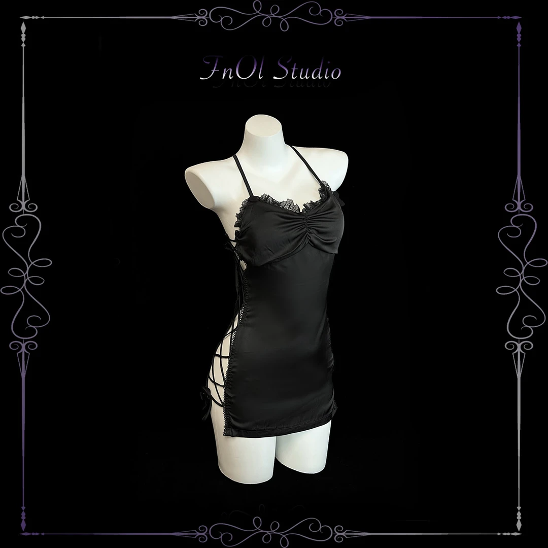 「FnOlStudio」缠绕 性感战袍黑色吊带睡裙镂空绑带约会内衣氛围感