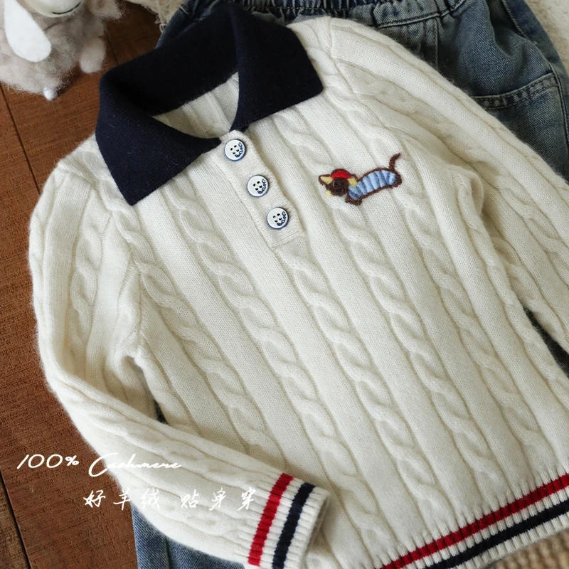 洪叶云台秋冬男女童宝宝麻花复古翻领100%羊绒衫洋气卡通绣毛衣厚