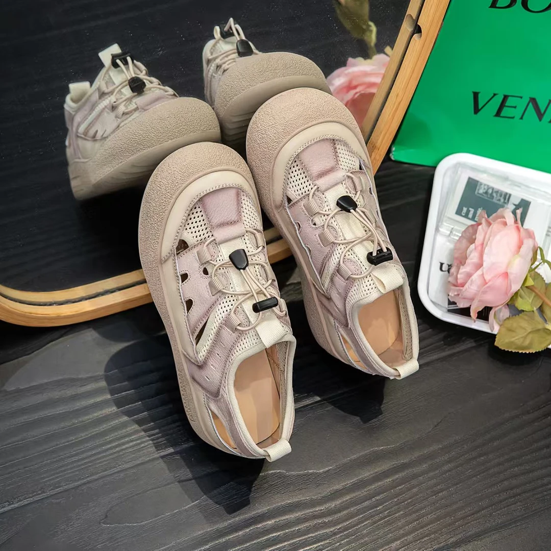 圆头胶粘鞋镂空时尚休闲沙滩鞋百搭包头网面凉鞋厚底女鞋透气软底