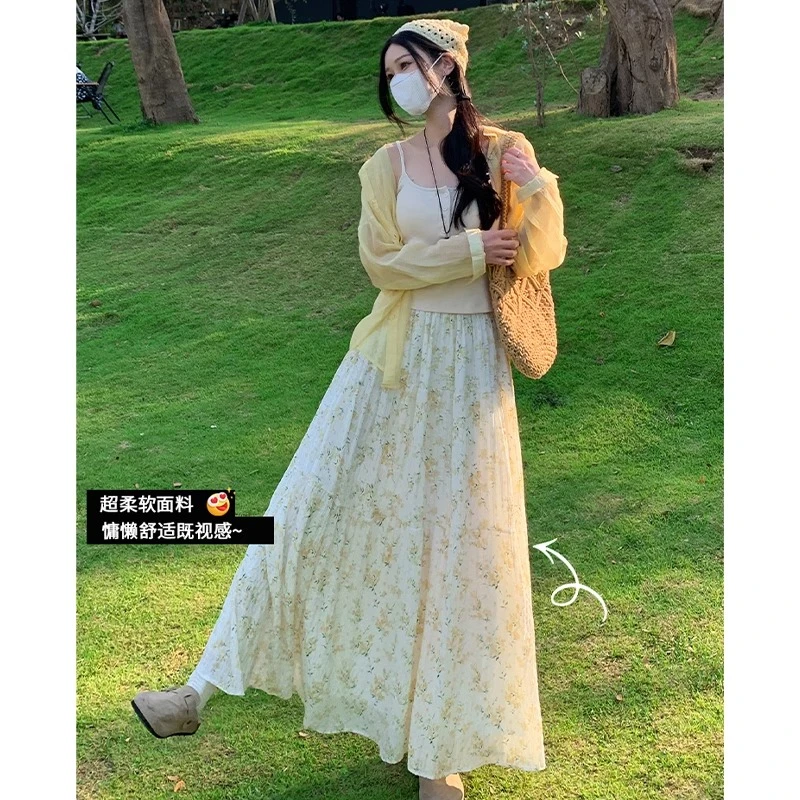 碎花雪纺半身裙女春夏季2025新款高腰显瘦仙女a字长款蓬蓬蛋糕裙