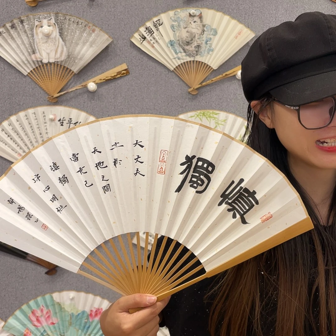 书法95寸玉竹-纯手绘-文玩扇骨（默认粘好）