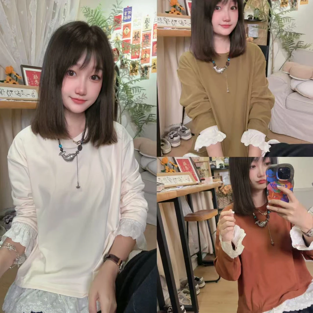 【温暖瞬间】秋季新款 时尚洋气百搭森系甜美可爱减龄花边打底衫