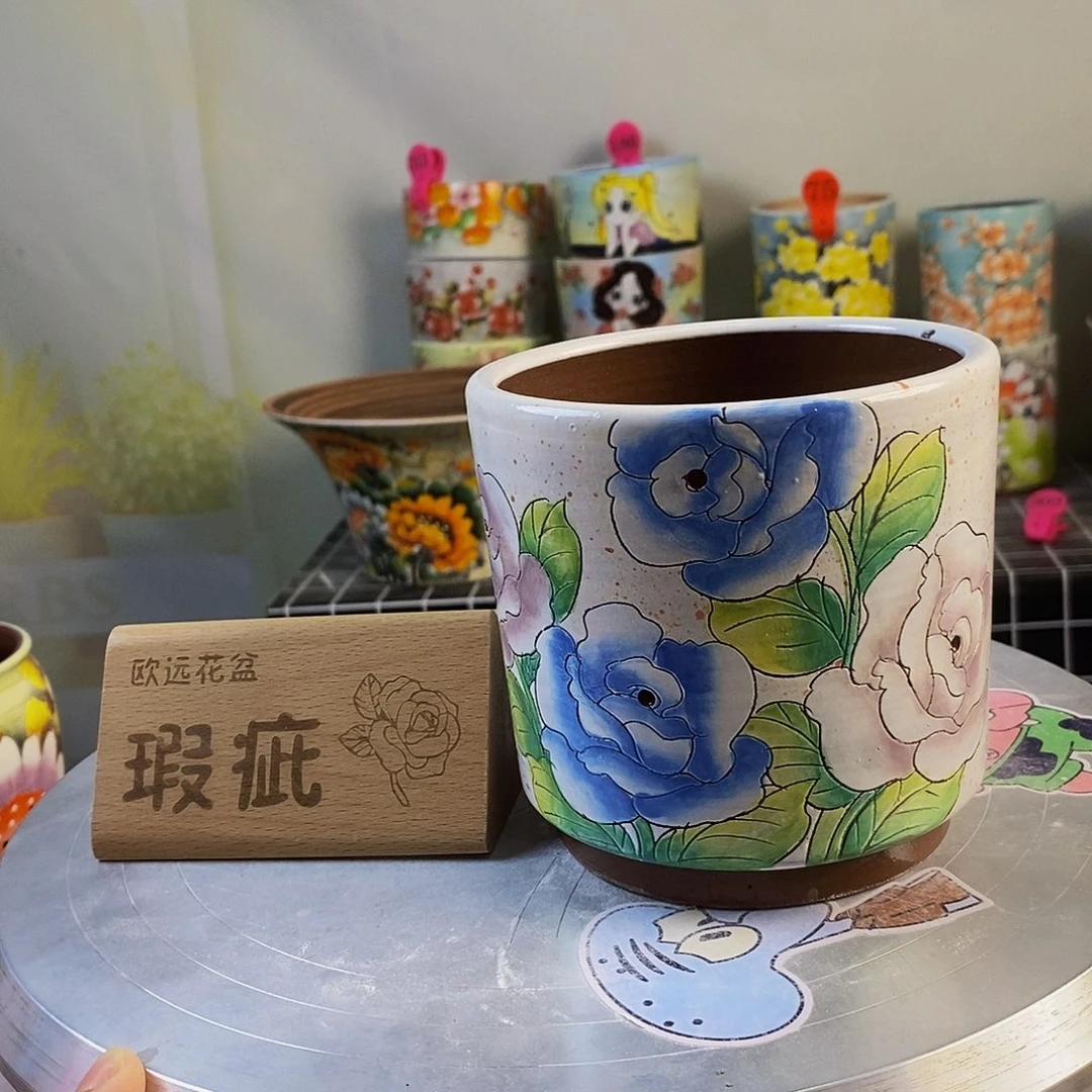 紫砂花盆红陶手绘花盆