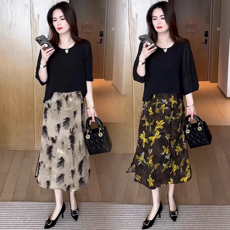 雪纺连衣裙女士2025夏季新款洋气显瘦遮肚子中长款假两件碎花裙子