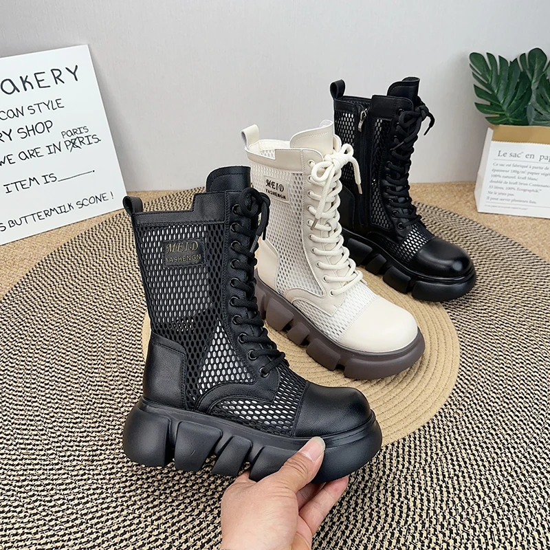 厚底网纱马丁靴女2025夏季新款英伦风中筒帅气薄款镂空透气凉靴子