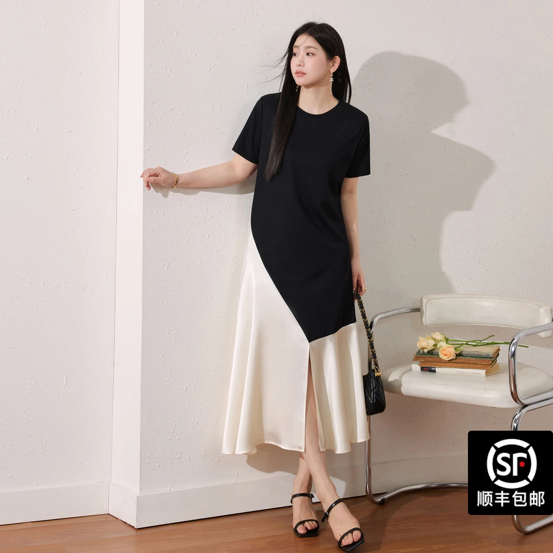 蓝语气质撞色缎面拼接T恤连衣裙女夏微胖显瘦绝美裙子