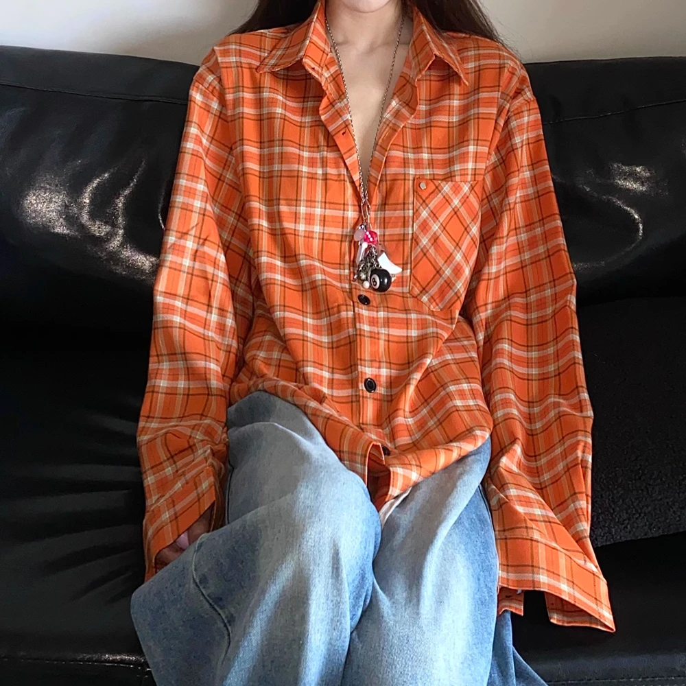 "爆甜橘汁"美式复古显白大码格子衬衫外套女宽松防晒衬衣HZ206湘