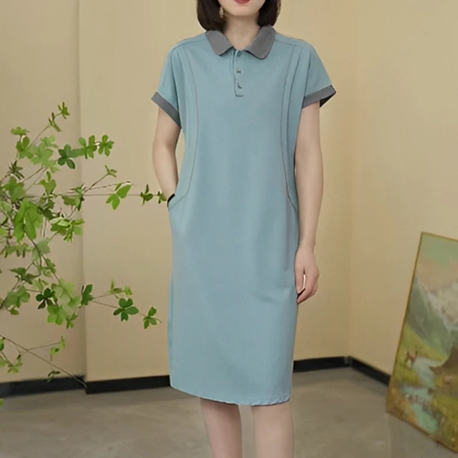 78090夏季新款拼色POLO领连衣裙女韩版休闲时尚简约百搭显瘦裙子