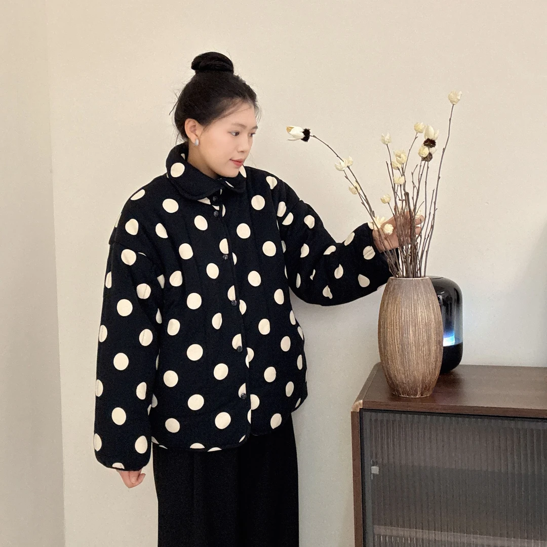 【黑底波点】300g新疆棉立领短款宽松冬季家居服女保暖厚款棉衣棉服