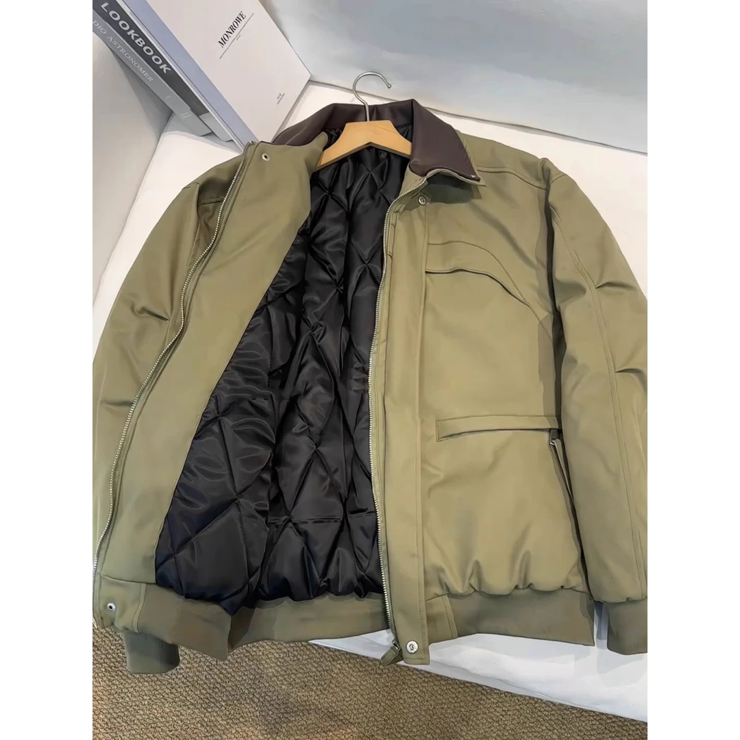 军绿色翻领飞行夹克棉服男冬季美式小众解构设计工装皮领棉衣外套