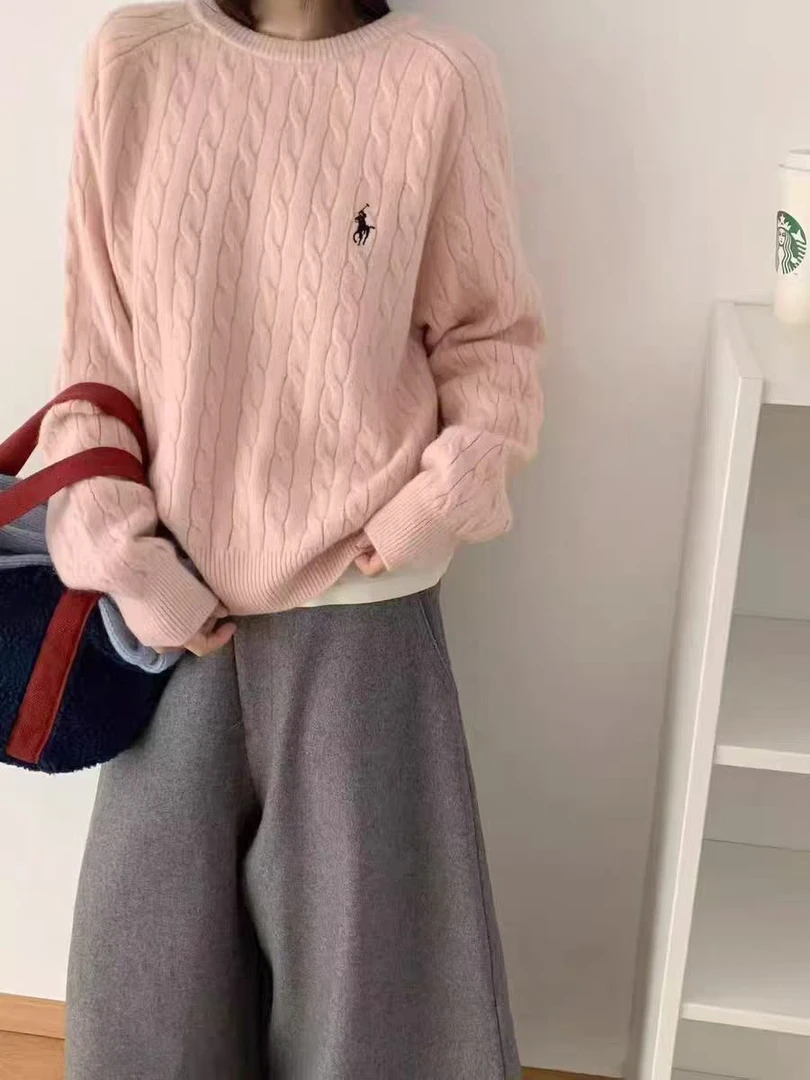 针织毛针织衫时尚刺绣毛衣慵懒风圆领半高领麻花毛衣纯色糖果上衣