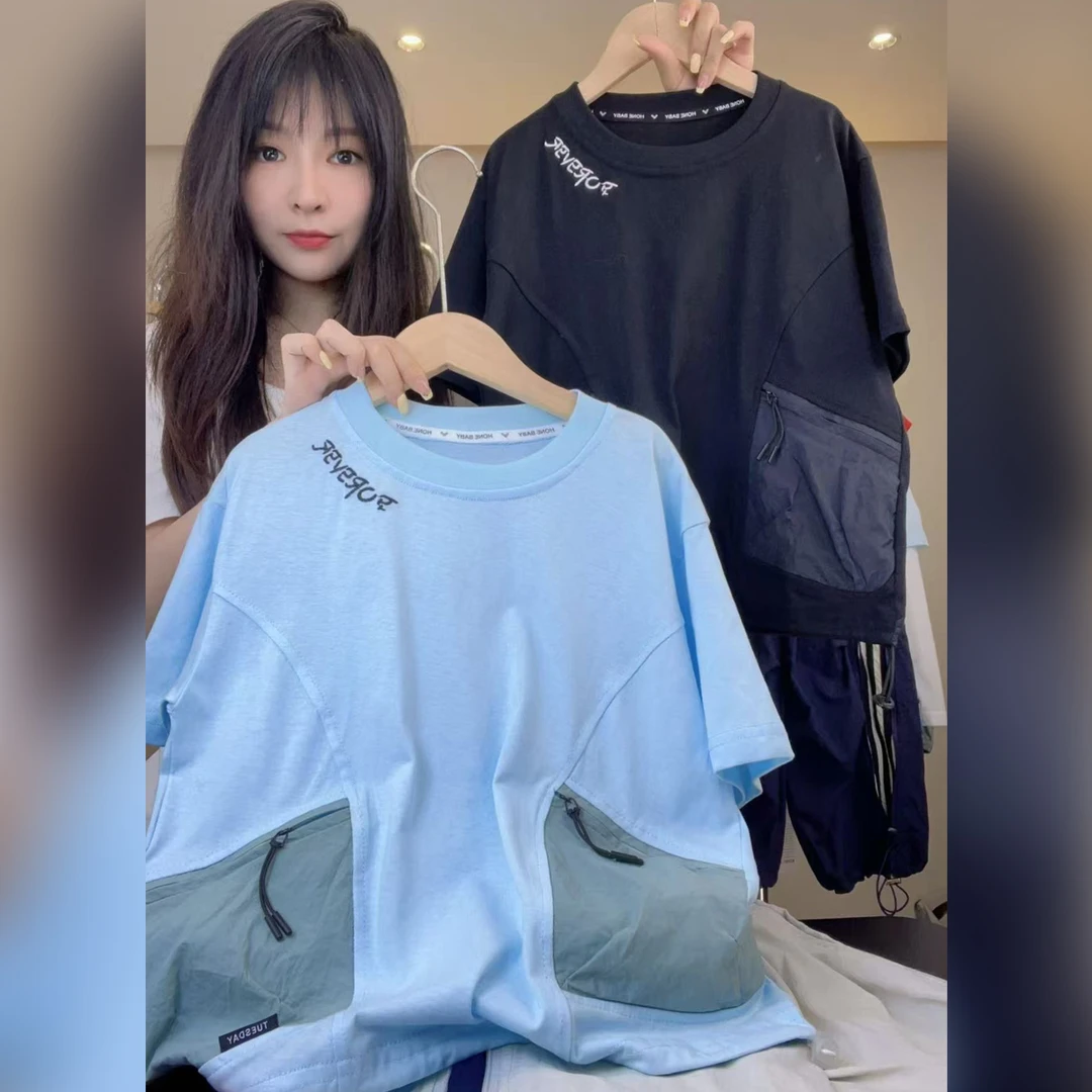 2025新款设计师款领口刺绣拼接透气韩版T恤上衣夏季男童百搭短袖