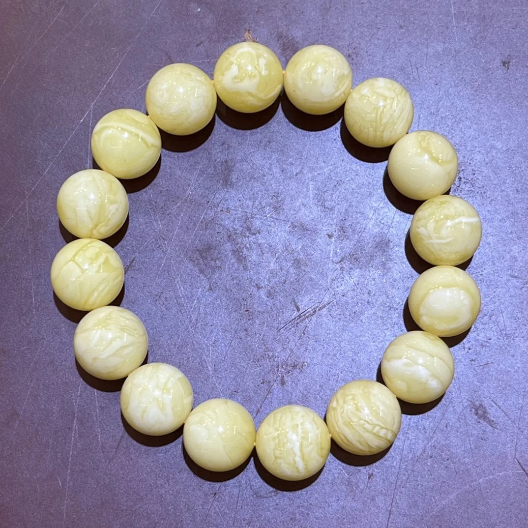 琥珀白花蜜蜡虎皮纹圆珠手串，13m+，22.6g，天然原矿保真