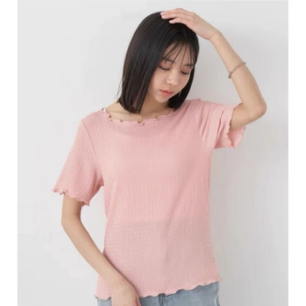 【林姐生活】夏季韩系少女百搭纯色木耳边褶皱短袖T恤