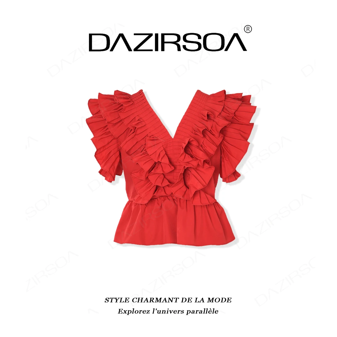 DAZIRSOA/达姿“罗马假日”时尚百搭个性飞边V领洋气T恤上衣 Y633