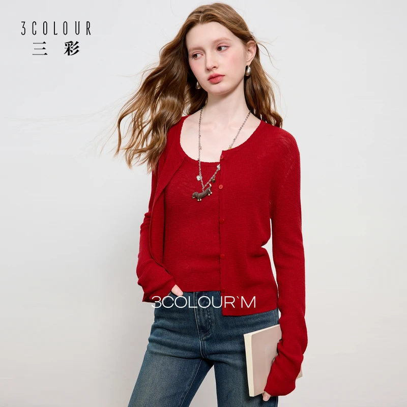 三彩2025秋季新款针织衫套装圆领毛衫开衫修身吊带上衣两件套女M