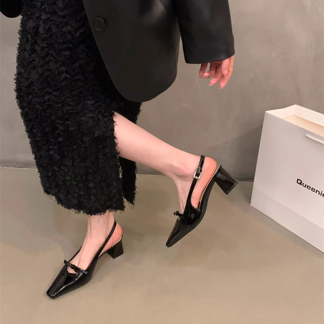 黑色中高跟包头凉鞋女鞋子2025新款夏季小众法式气质名媛后空单鞋