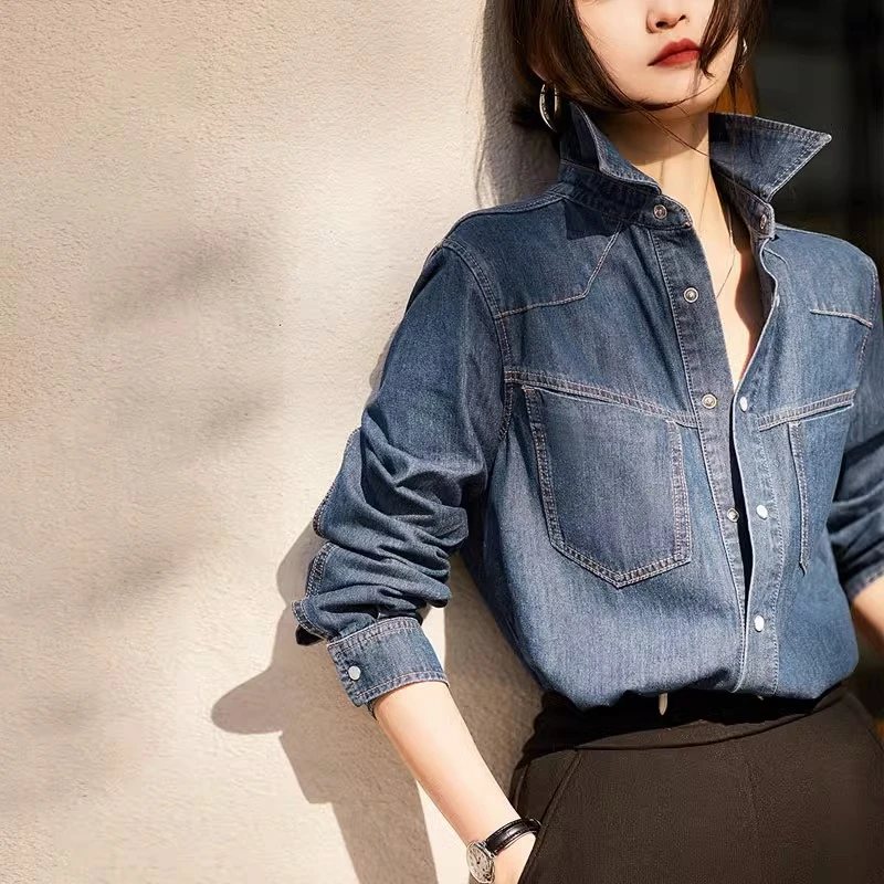 欧货叠穿牛仔衬衫外套女春秋新款宽松韩版百搭加厚加绒外搭上衣冬