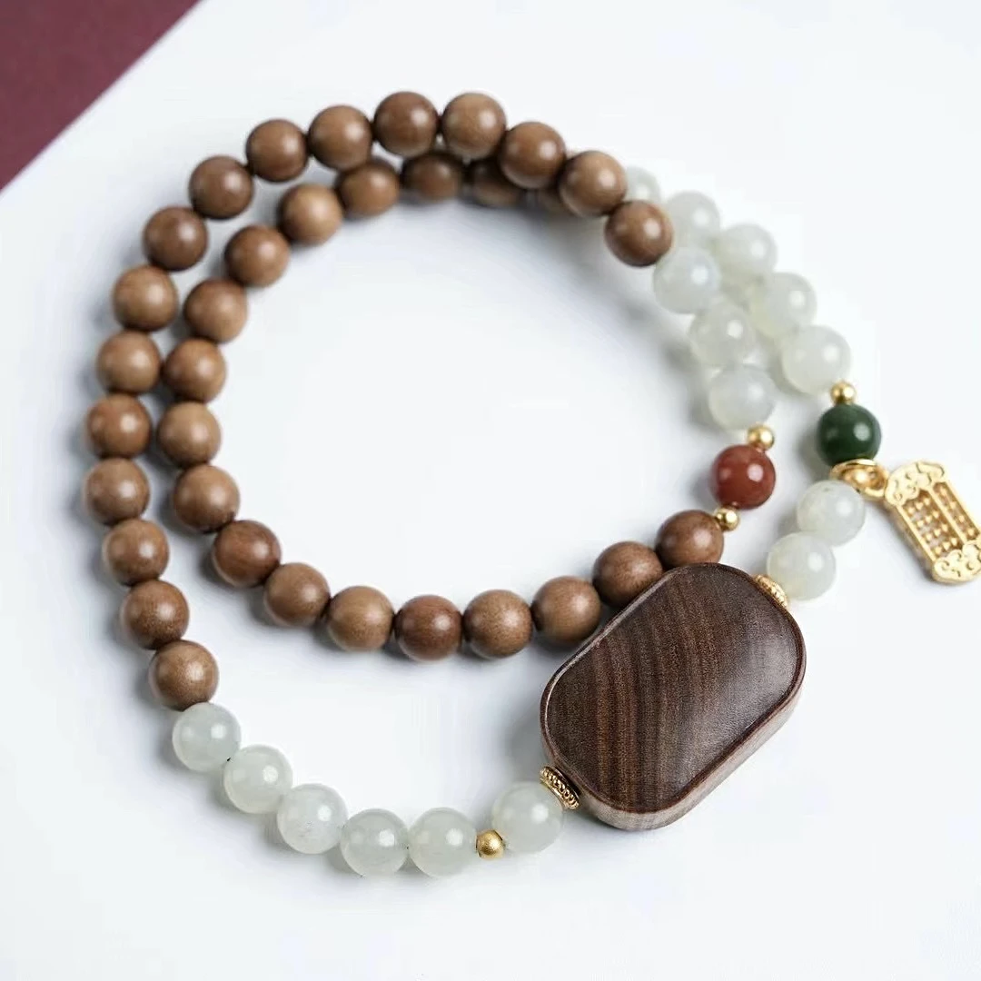 老山檀香黑肉6mm手链无事牌双圈搭配和田玉串珠百搭檀香手串