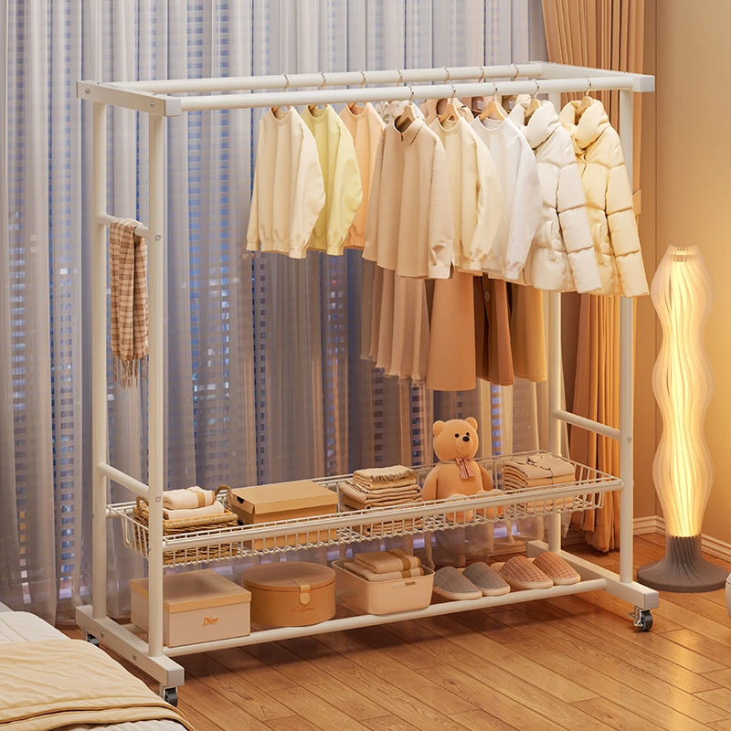 晾衣架落地可移动卧室衣服架子家用简易挂杆被子神器加粗双杆