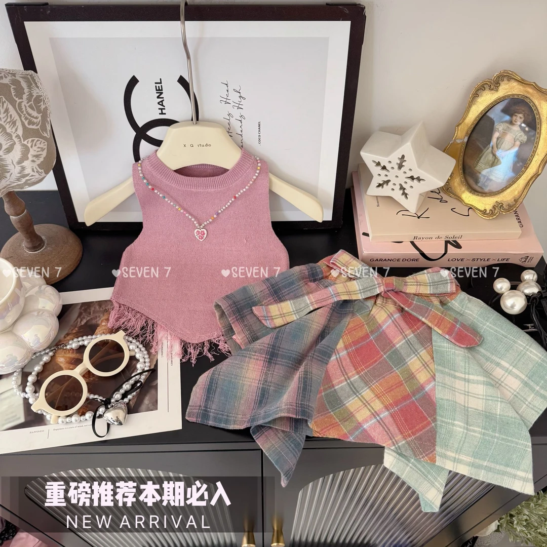 女童夏季2025新款韩版流苏背心+设计感格子裙裤C23190