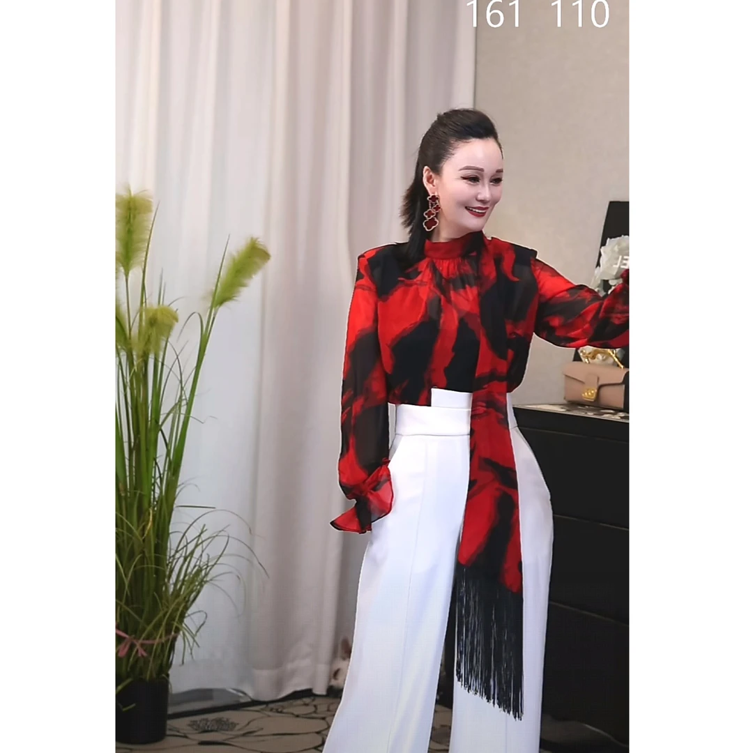 优尚美轻奢红色印花高级感衬衫早秋新款独特别致超好看秋装上衣
