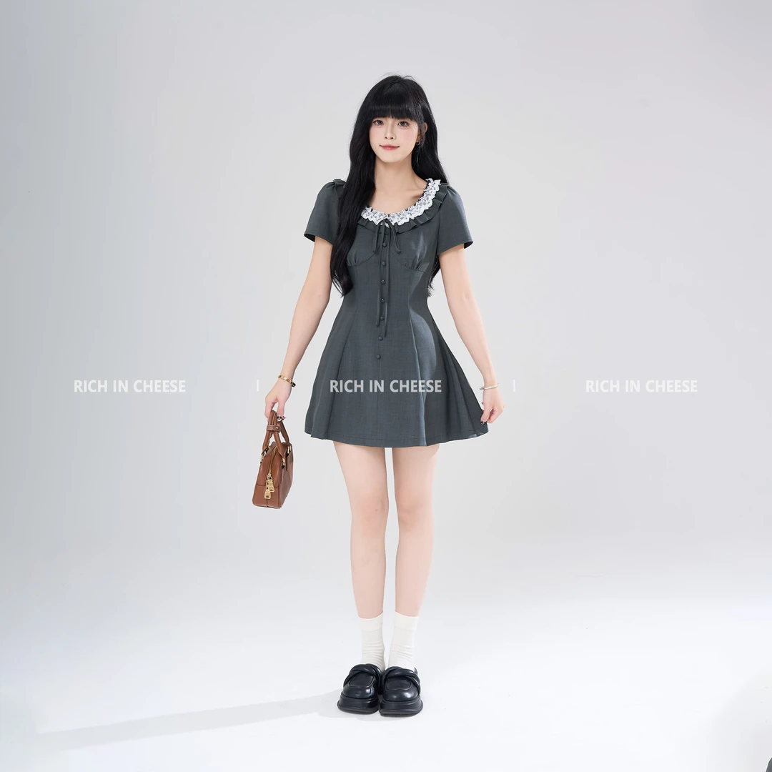 【清清】RICHINCHEESE 风起时分 韩系简约木耳花边领绑带收腰连衣裙