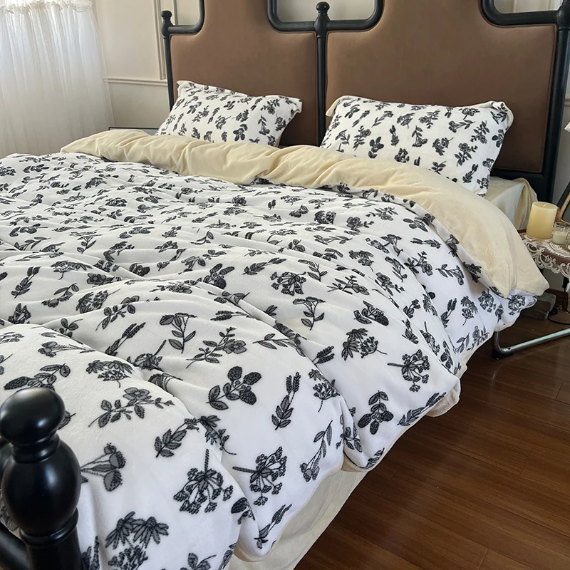 法式牛奶绒床单款四件套床上用品轻奢高级感高克重被罩印花双面