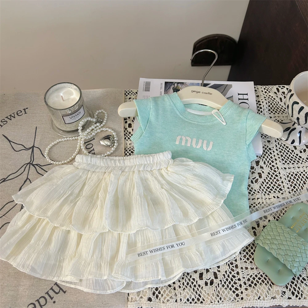 现货圆子家女童夏装韩版童装儿童T恤白色百褶裤裙两件套8955