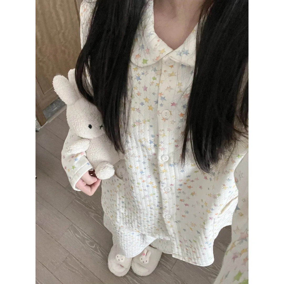 星星印花可爱保暖珊瑚绒睡衣女韩版甜美卡通秋冬款套装加厚家居服