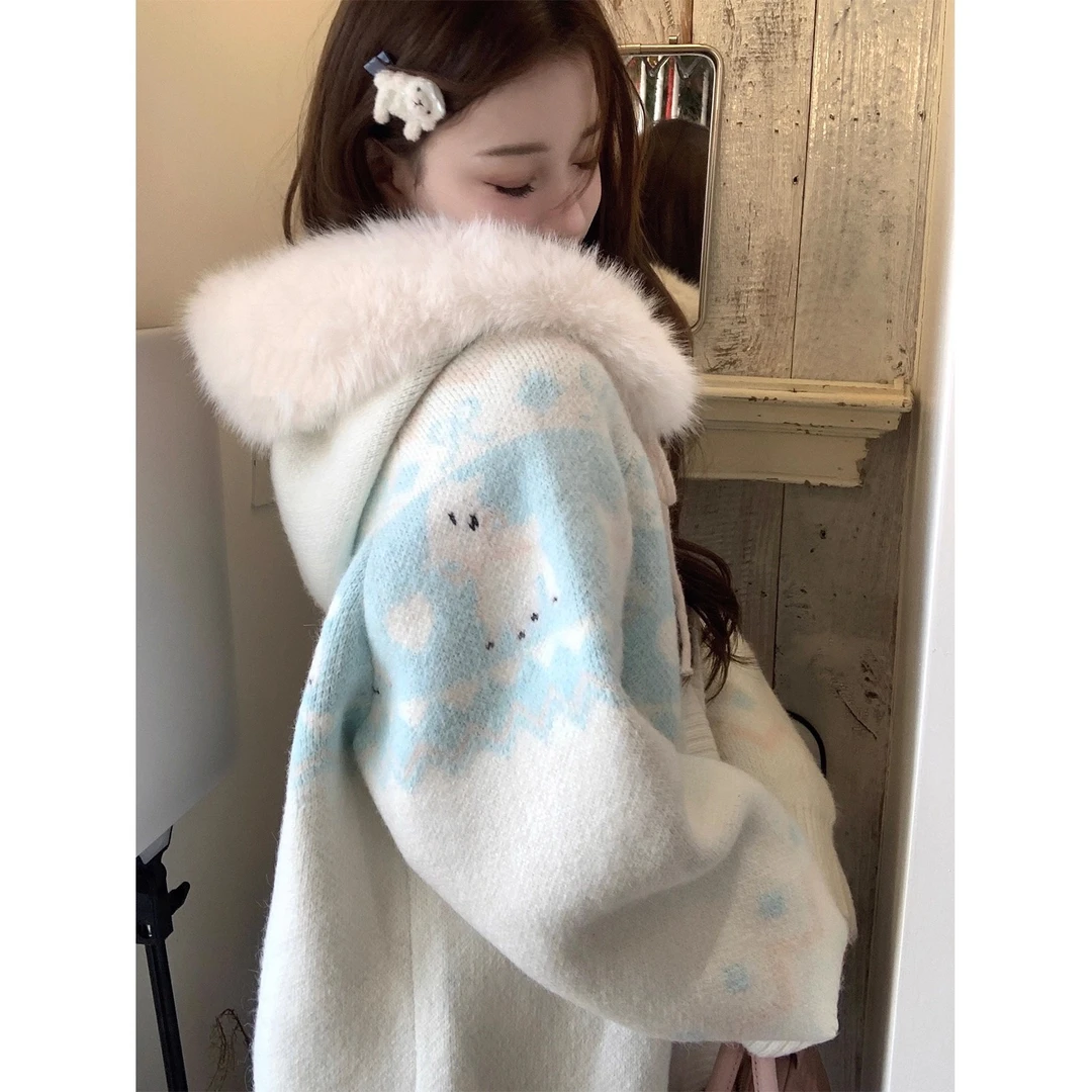 可爱连帽毛衣外套大码女装费尔岛穿搭甜美减龄宽松慵懒风针织开衫