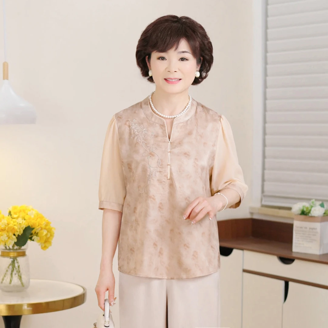 MUYUEZI/中年妈妈夏季新款洋气中老年时尚大码新中式上衣套装