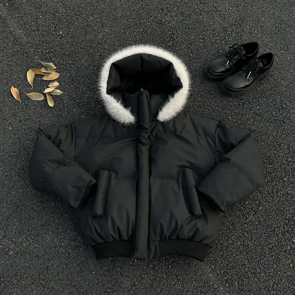 可拆卸大毛领pu皮棉服男款冬季bomber廓形短款棉衣防寒加厚外套